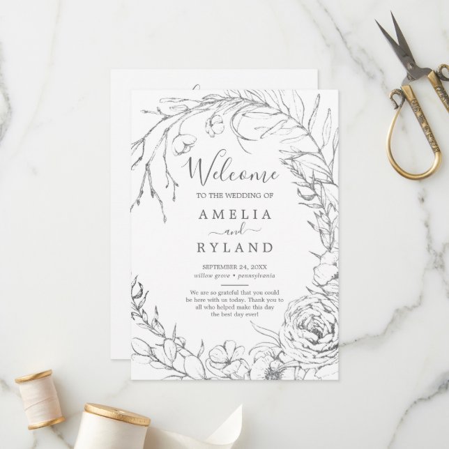Gilded Floral Wreath | Silver & White Wedding Program (Front/Back In Situ)