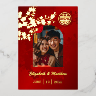 Gilded Flowers Red Chinese Wedding Photo Foil Invitation