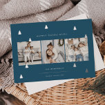 Gilded Forest | Elegant Christmas Photo Collage Foil Holiday Card<br><div class="desc">A modern and elegant Christmas holiday card design featuring three square photos aligned side by side on a blue background dotted with silver foil pine trees. Personalize with your custom holiday greeting,  family name and the year.</div>