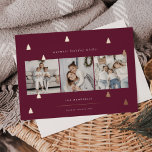 Gilded Forest | Elegant Christmas Photo Collage Foil Holiday Card<br><div class="desc">A modern and elegant Christmas holiday card design featuring three square photos aligned side by side on a burgundy plum background dotted with rose gold foil pine trees. Personalize with your custom holiday greeting,  family name and the year.</div>