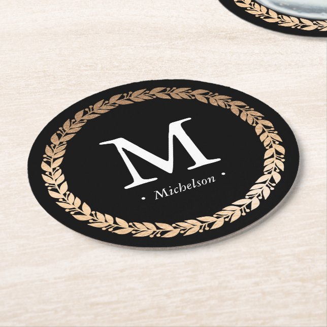 Gilded Garland Monogrammed Cocktail Round Paper Coaster (Angled)