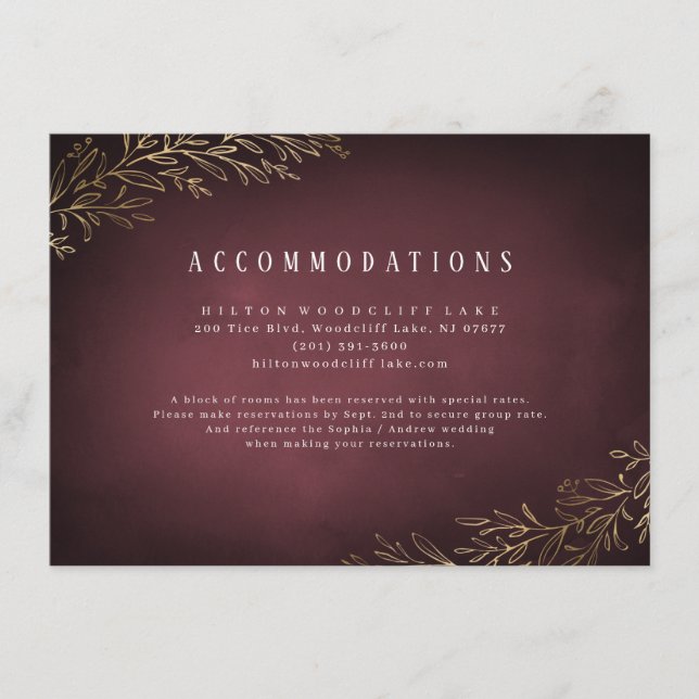 Gilded gold burgundy botanical accommodations enclosure card (Front)