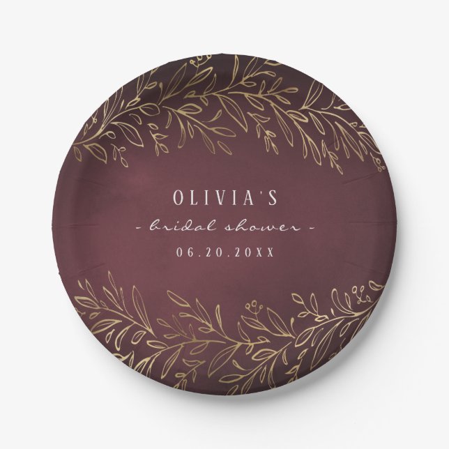 Gilded gold burgundy botanical bridal shower party paper plates (Front)