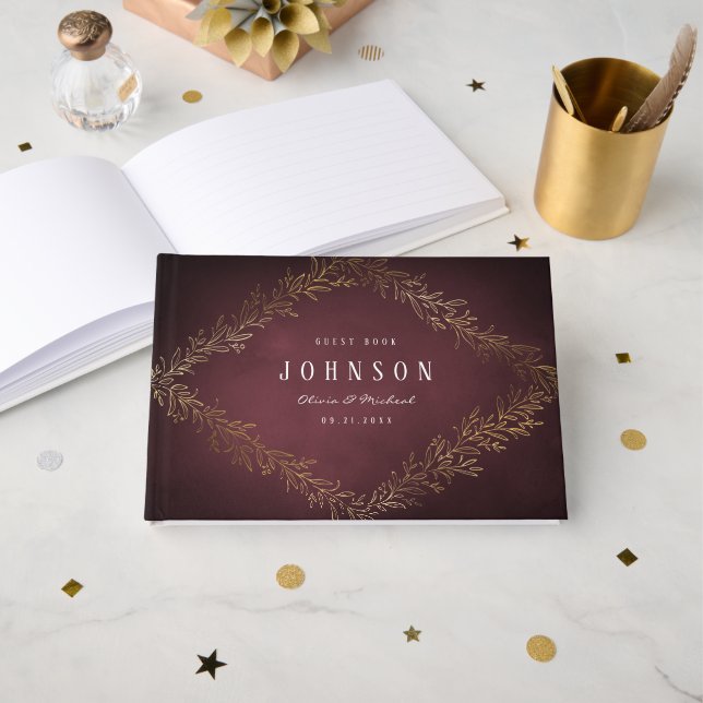 Gilded gold burgundy botanical elegant wedding guest book (Front Open)