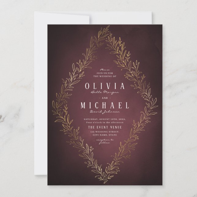 Gilded gold burgundy botanical elegant wedding invitation (Front)