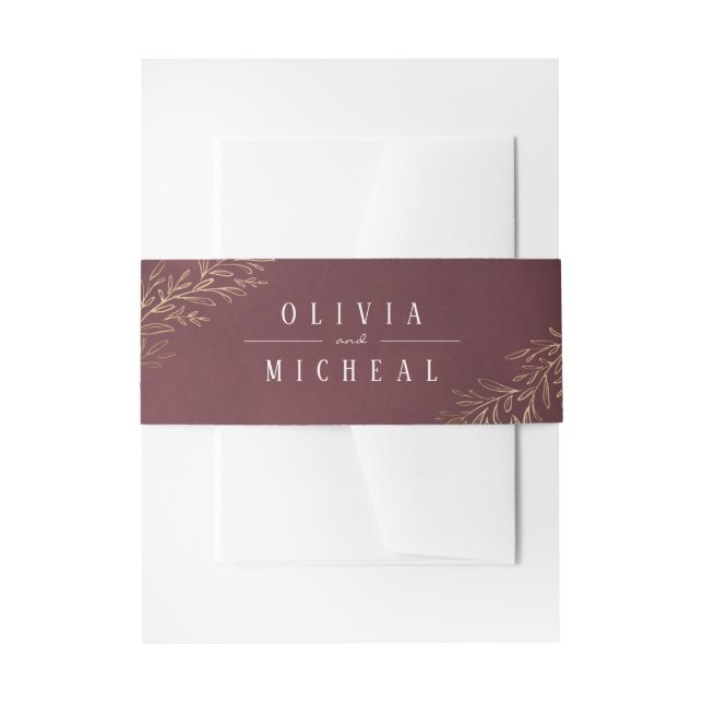 Gilded gold burgundy botanical elegant wedding invitation belly band (Front Example)