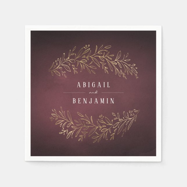 Gilded gold burgundy botanical elegant wedding napkins (Front)