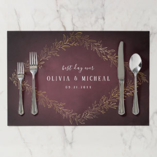 Gilded gold burgundy botanical elegant wedding paper placemat