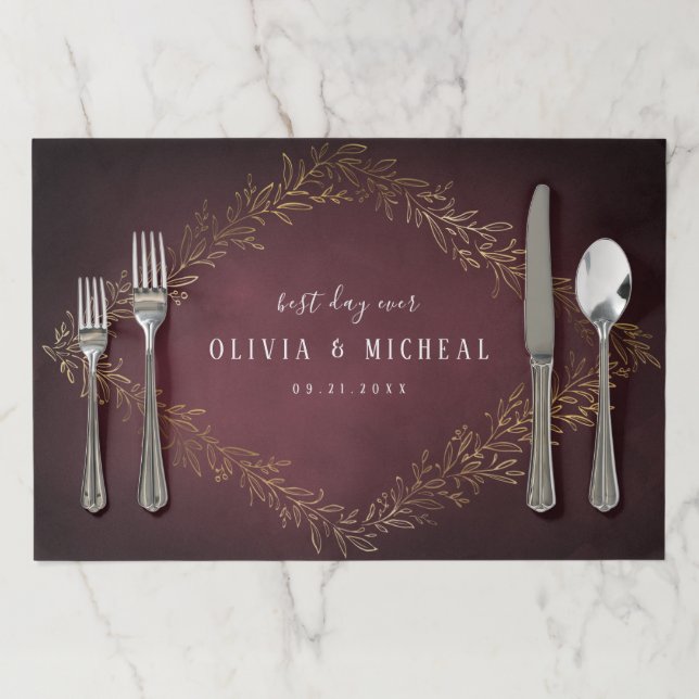 Gilded gold burgundy botanical elegant wedding paper placemat (In Situ)