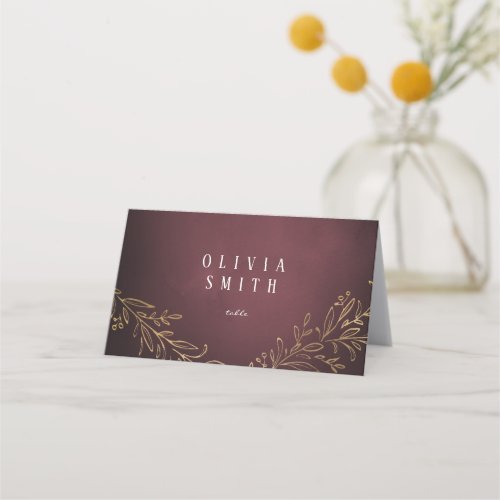 Gilded gold burgundy botanical elegant wedding place card