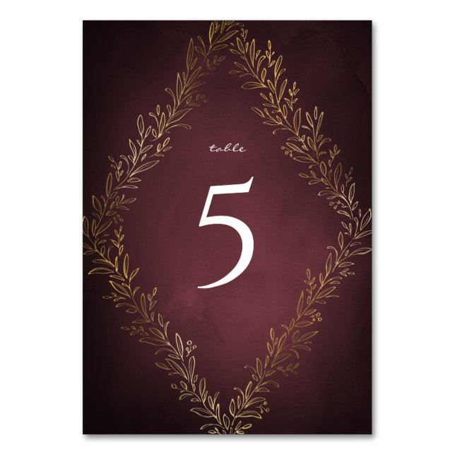 Gilded gold burgundy botanical elegant wedding table number (Front)