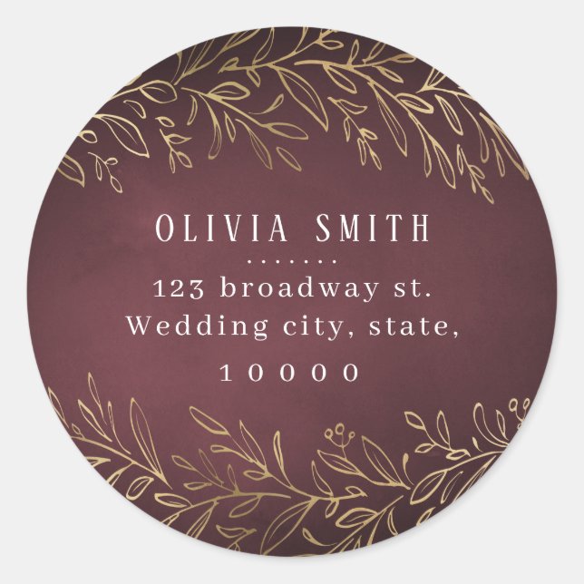 Gilded gold burgundy botanical return address classic round sticker (Front)