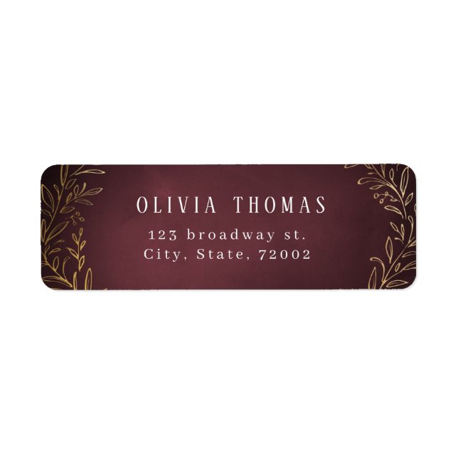 Gilded gold burgundy botanical return address label (Front)