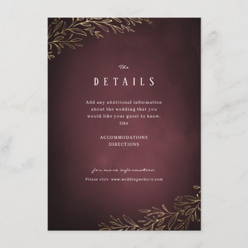 Gilded gold burgundy botanical wedding details enclosure card