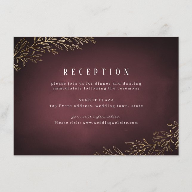 Gilded gold burgundy botanical wedding reception enclosure card (Front)