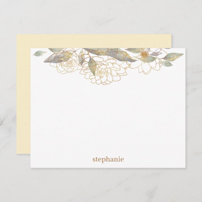 Gilded Gold Flowers Personalized Flat Note Card (Front/Back)