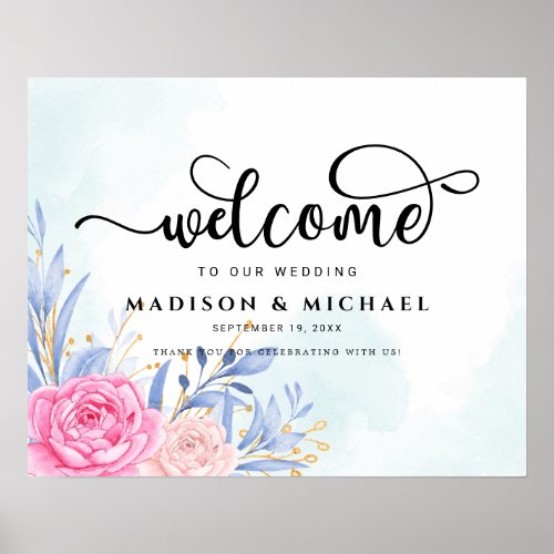 Gilded Gold Greenery Pink Wedding Welcome Sign