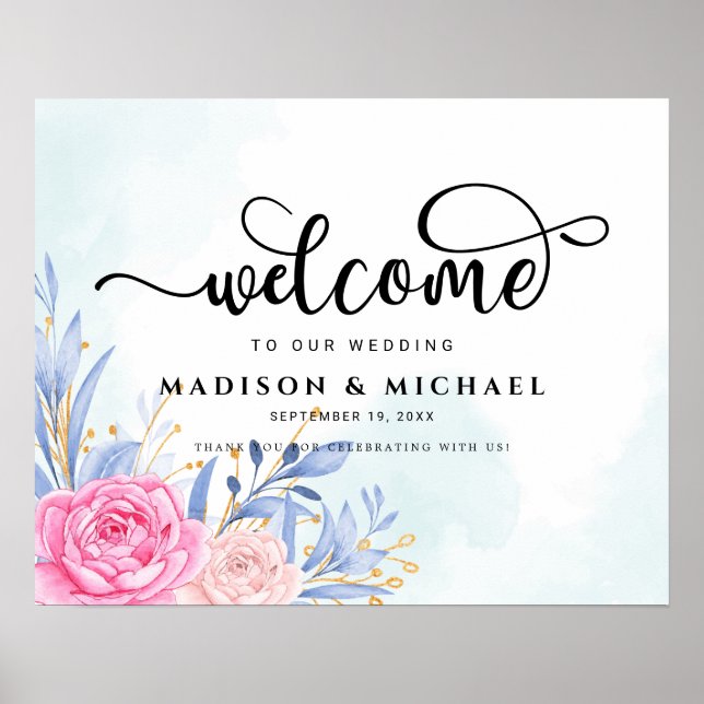 Gilded Gold Greenery Pink Wedding Welcome Sign (Front)