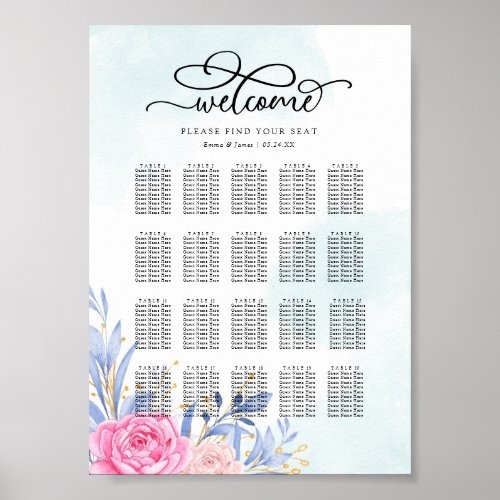 Gilded Gold Pink Rose Wedding Seating Chart
