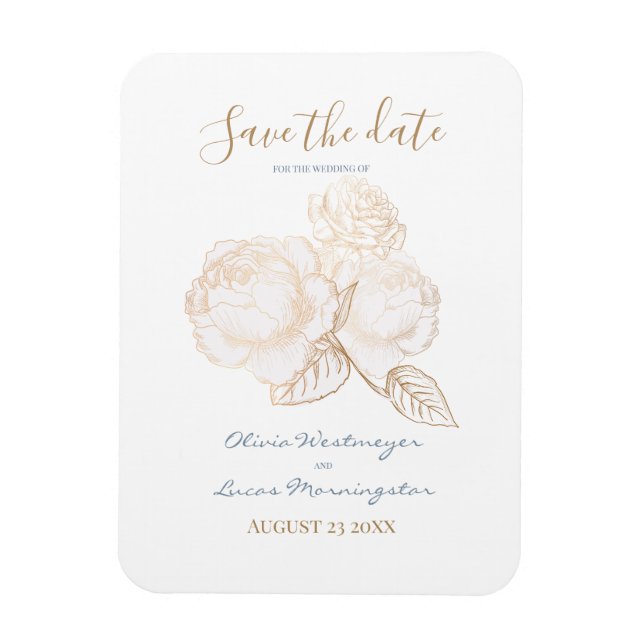 Gilded Gold Rose Dusty Blue Ivory Save the Date Magnet (Vertical)