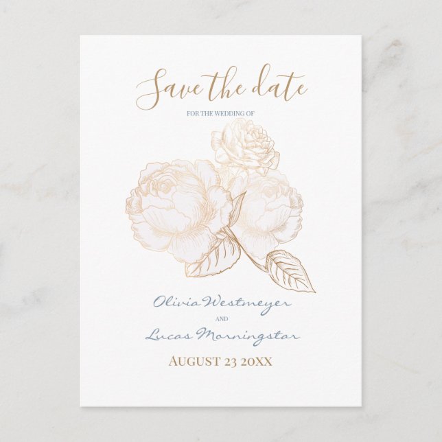 Gilded Gold Rose Dusty Blue Ivory Save the Date Postcard (Front)