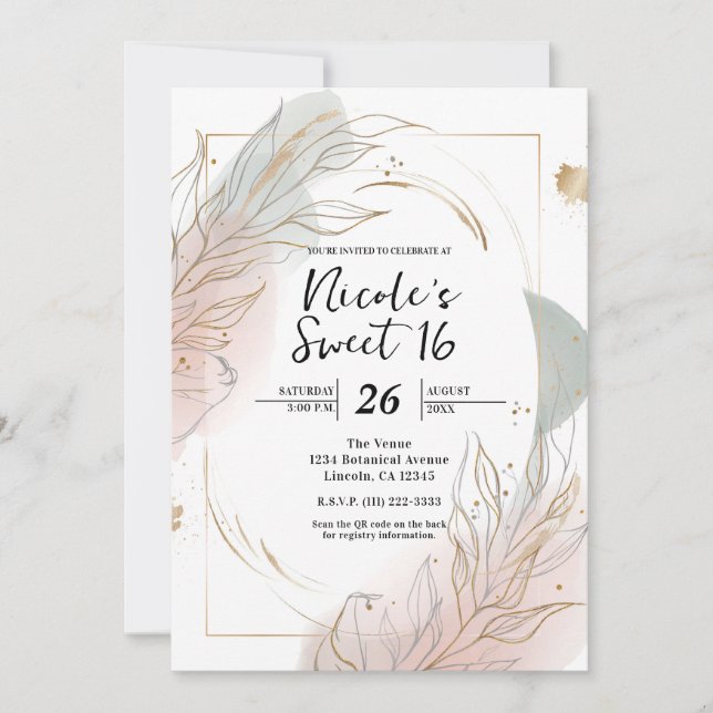 Gilded Gold Sage & Blush Botanical Sweet 16 Invitation (Front)