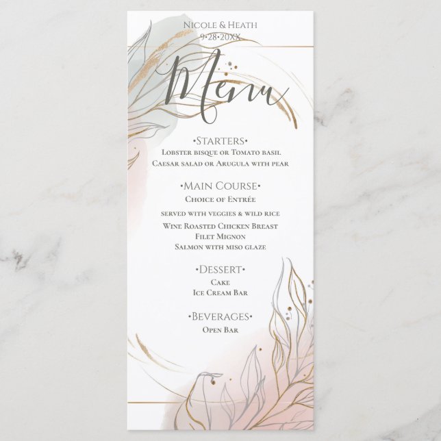 Gilded Gold Sage & Blush Botanical Wedding Menu (Front)