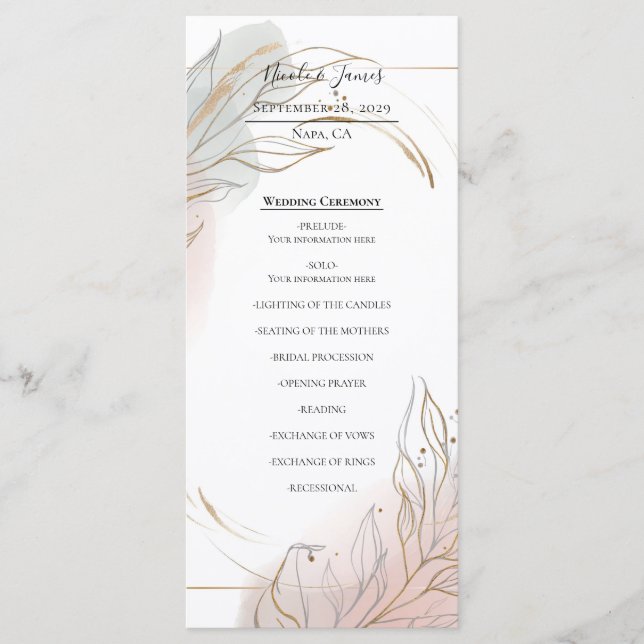 Gilded Gold Sage & Blush Botanical Wedding Program (Front)
