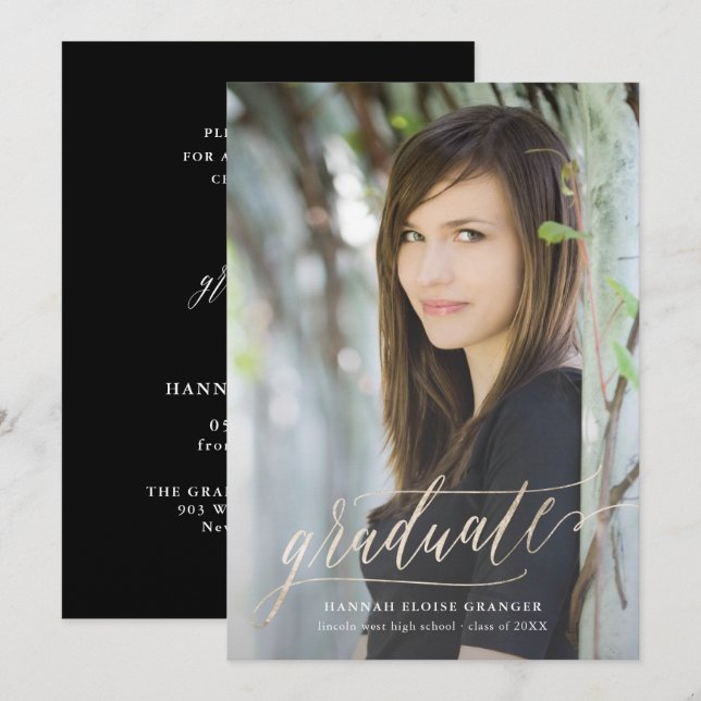 Gilded Grad Gold Script in Faux Foil Graduation Invitation (Front/Back)