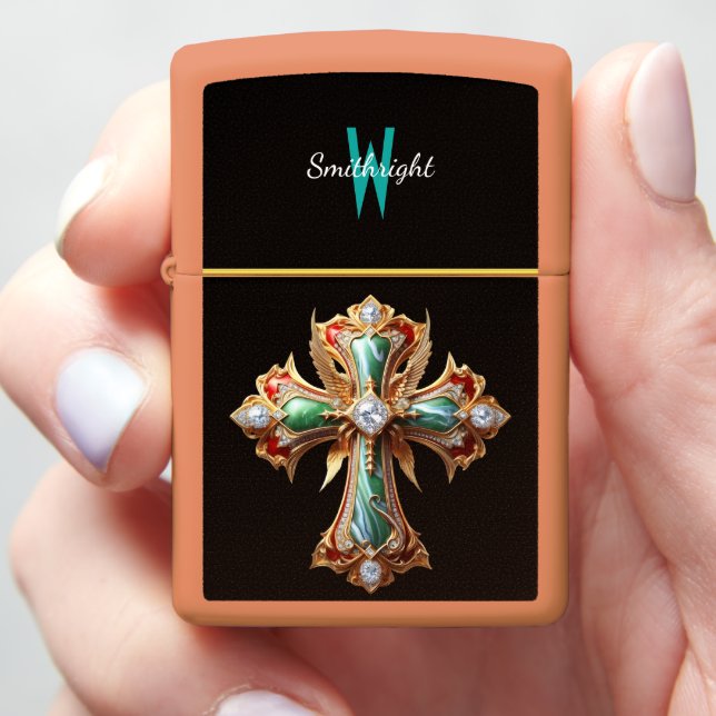Gilded Green Cross: A Symbol of Renewal Zippo Lighter (In Hand)