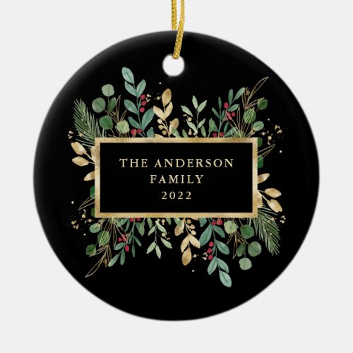 Gilded Greenery Black  Christmas Holiday Ceramic Ornament