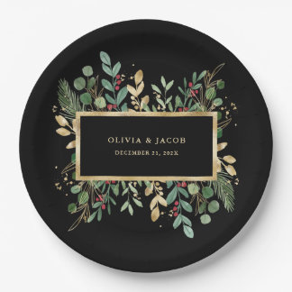 Gilded Greenery Black | Christmas Holiday Paper Plates
