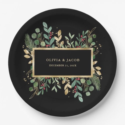 Gilded Greenery Black  Christmas Holiday Paper Plates