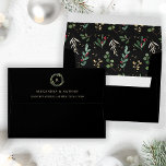 Gilded Greenery Black | Christmas Holiday Pattern Envelope<br><div class="desc">These gorgeous holiday wedding envelopes features an interior design with a festive pattern of faux gold leaves, Christmas greenery, and red holly berries on a modern black background. There is room for your pre-printed return address on the back flap, as well as your monogram in a wreath. Perfect for your...</div>