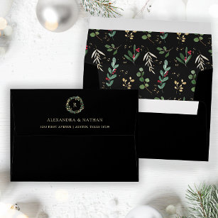 Gilded Greenery Black   Christmas Holiday Pattern Envelope