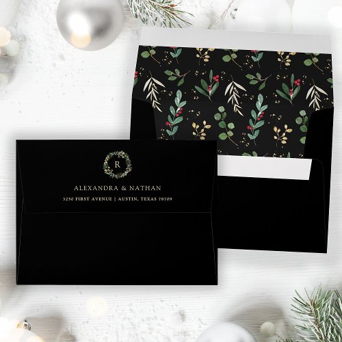 Gilded Greenery Black  Christmas Holiday Pattern Envelope