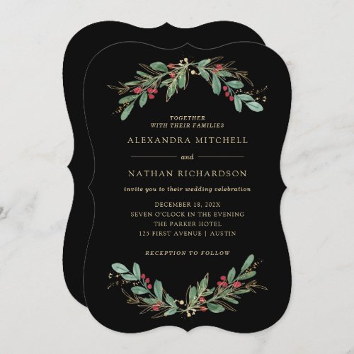 Gilded Greenery Black  Christmas Holiday Wedding Invitation