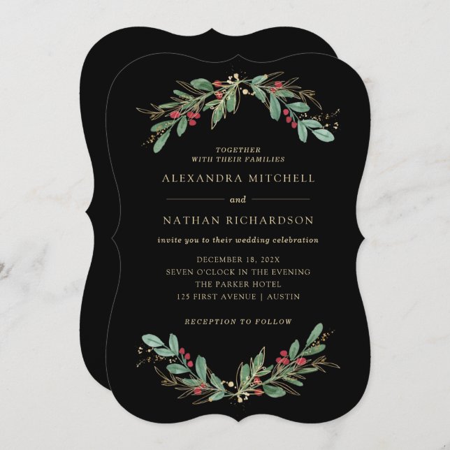 Gilded Greenery Black | Christmas Holiday Wedding Invitation (Front/Back)