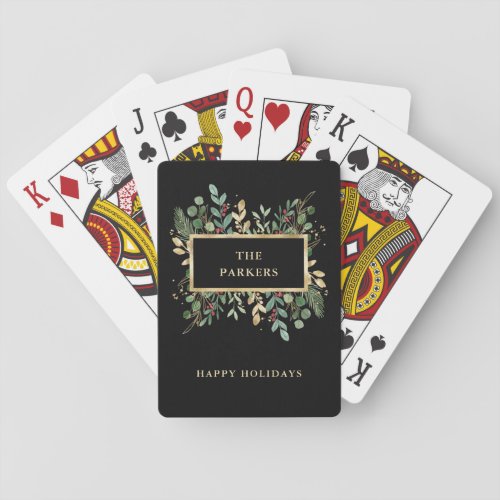 Gilded Greenery Black  Christmas Monogram Poker Cards