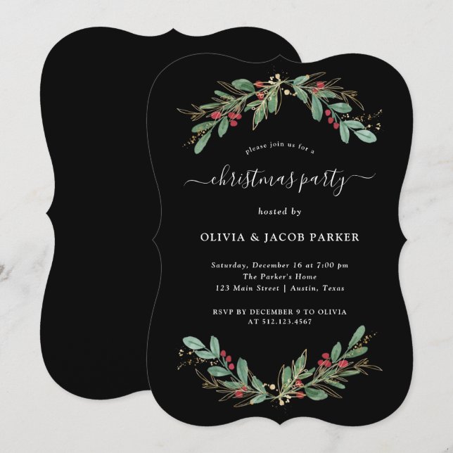 Gilded Greenery Black | Christmas or Holiday Party Invitation (Front/Back)