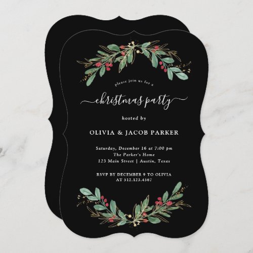 Gilded Greenery Black  Christmas or Holiday Party Invitation