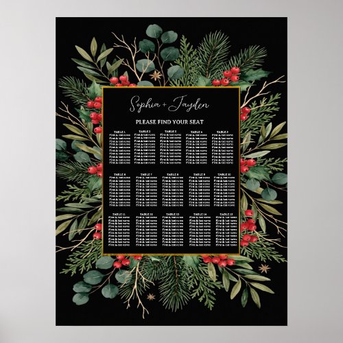 Gilded Greenery Black Christmas Wedding Seating Poster