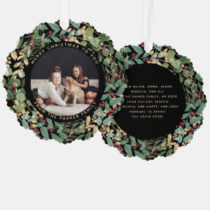 Gilded Greenery Black   Family Photo Christmas Ornament Card