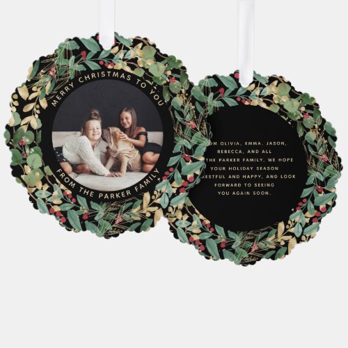 Gilded Greenery Black  Family Photo Christmas Ornament Card