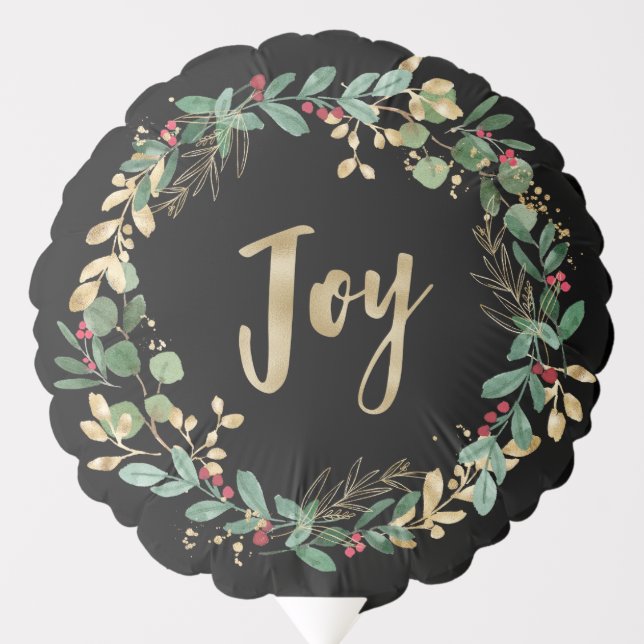 Gilded Greenery Black | Gold Christmas Joy Balloon (Front)