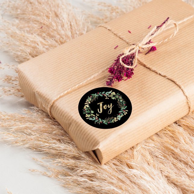 Gilded Greenery Black | Gold Christmas Joy Classic Round Sticker (Creator Uploaded)