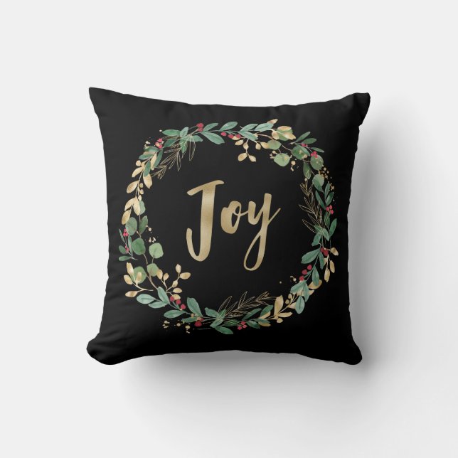 Gilded Greenery Black | Gold Christmas Joy Throw Pillow (Front)