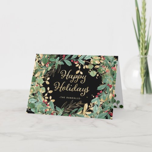 Gilded Greenery Black  Happy Holidays Holiday Card