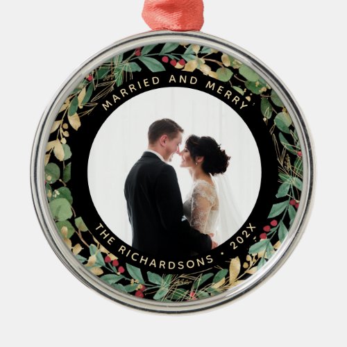Gilded Greenery Black  Married and Merry Photo Metal Ornament
