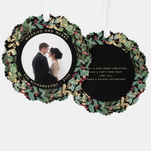 Gilded Greenery Black Married and Merry Photo Ornament Card